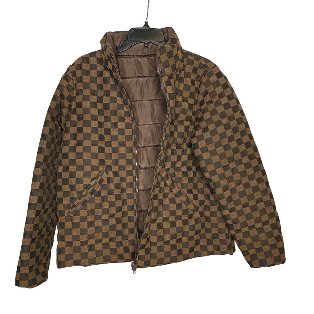 Judith March Brown Reversible Puffer Full Zip Coat Checkered Print Size Medium